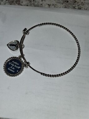 Silver Tone Memorial Heart Charm Bangle Bracelet - Blue Charm